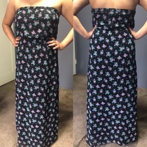 Purple Floral Strapless Maxi Dress
